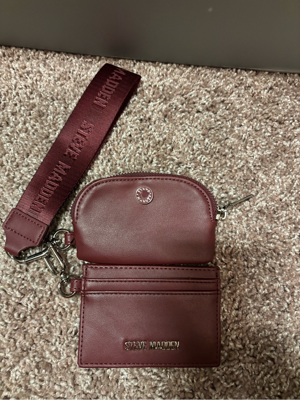 Steve Madden Wine Leather Card Pouch with Detachable Strap